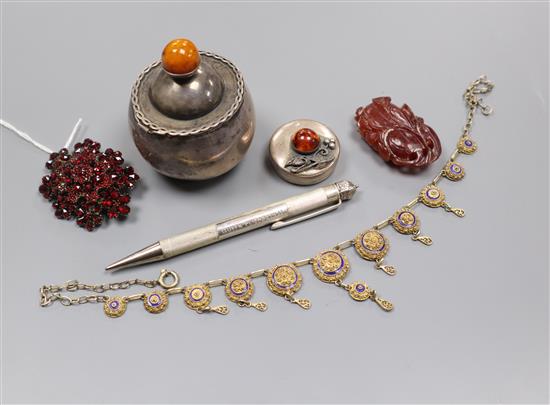 A QEII commemorative silver pen, two small 925 boxes, garnet brooch, gilt necklace and hardstone carving.